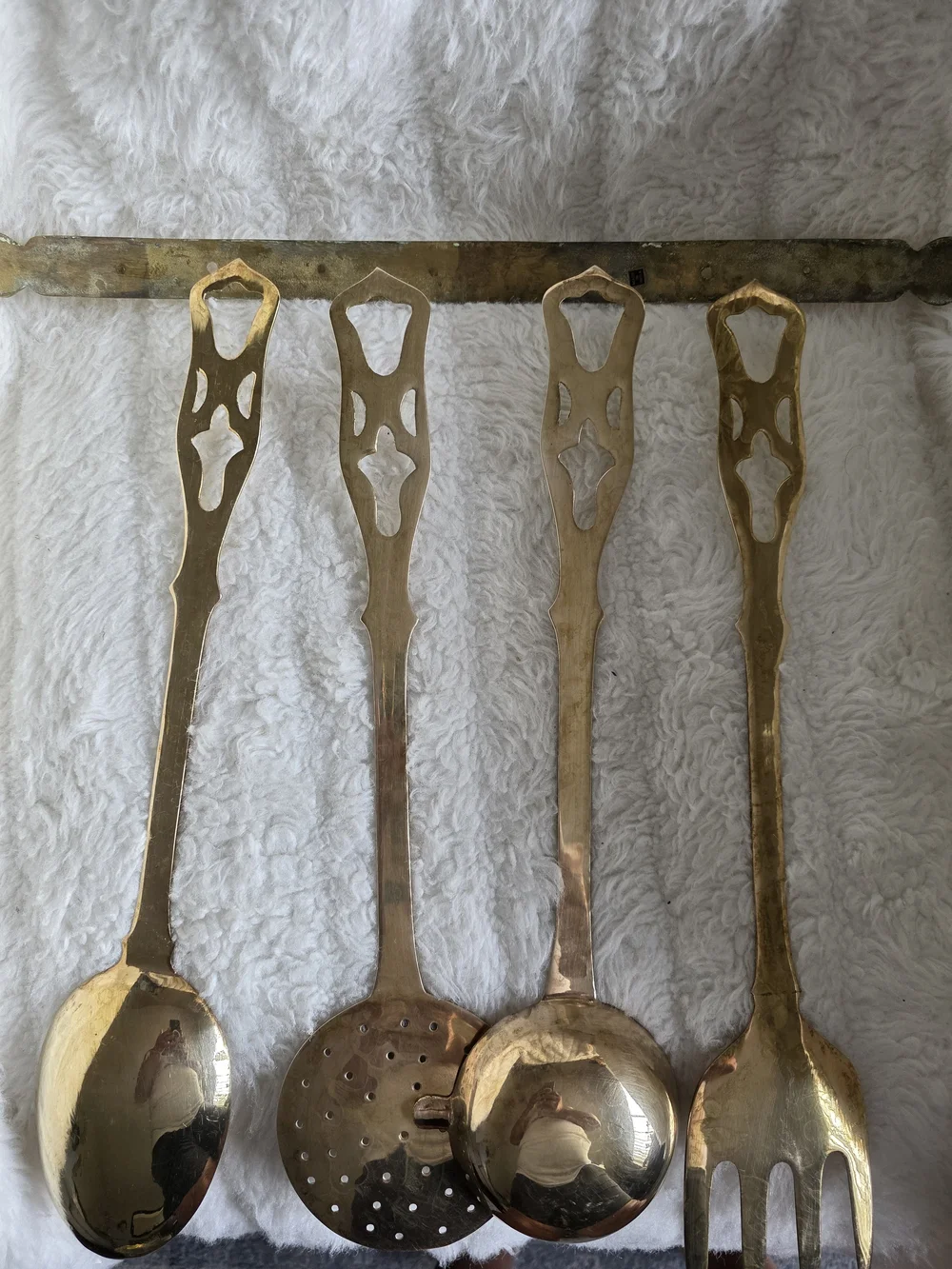 Vintage Brass Tone Kitchen Utensil Set with Wall Rack - Gold Finish